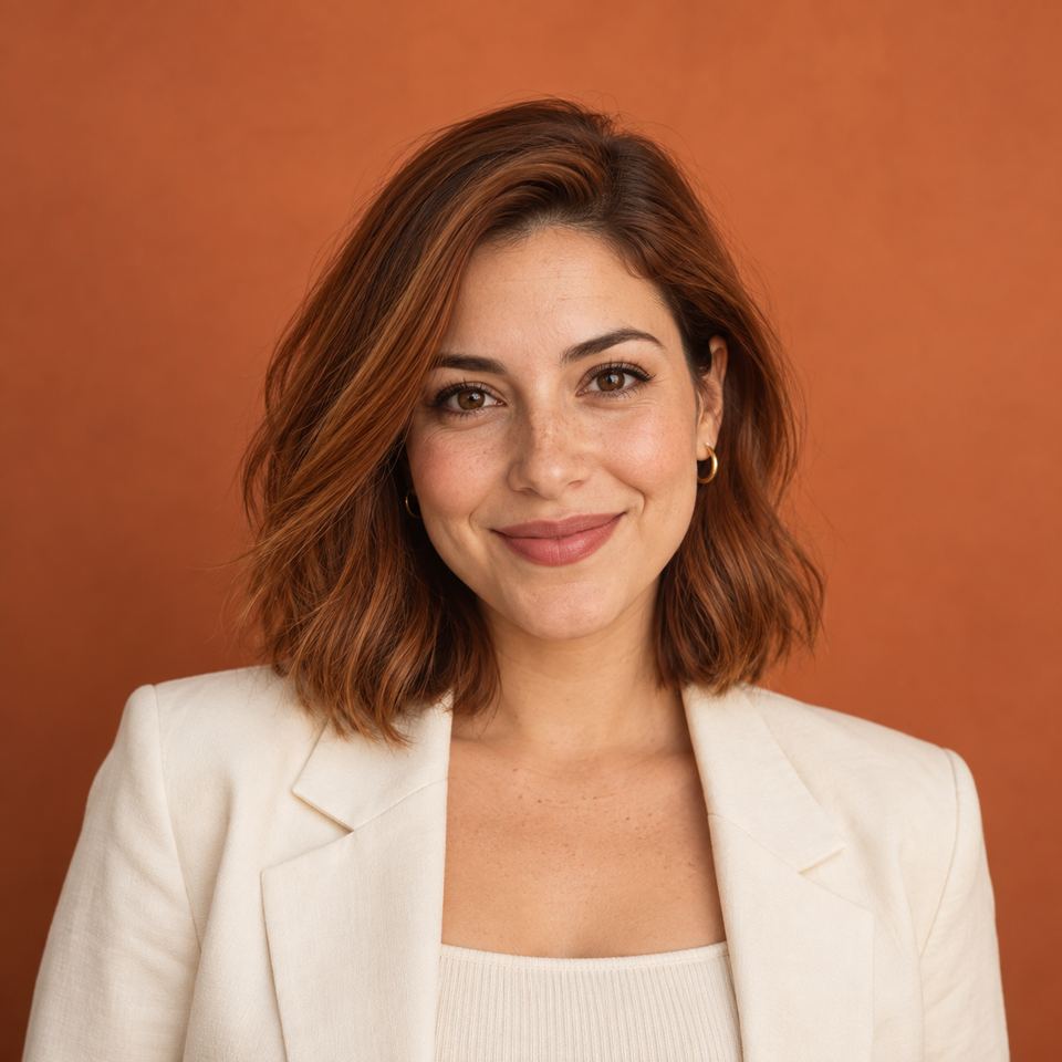 Lola, asistente de IA de cabello cobrizo y chamarra crema